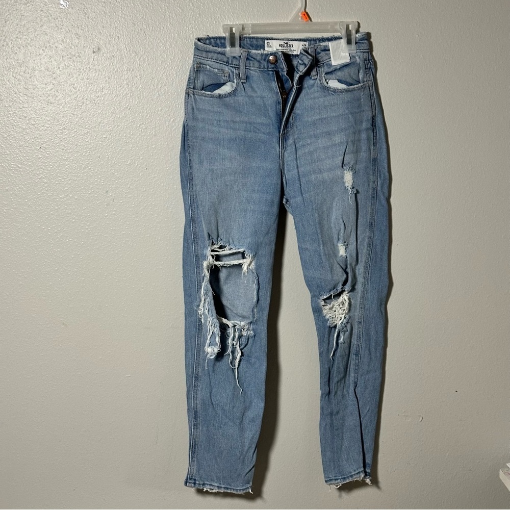 Hollister Women Blue Curvy High Rise Mom Distressed Jeans Vintage Stretch 0S